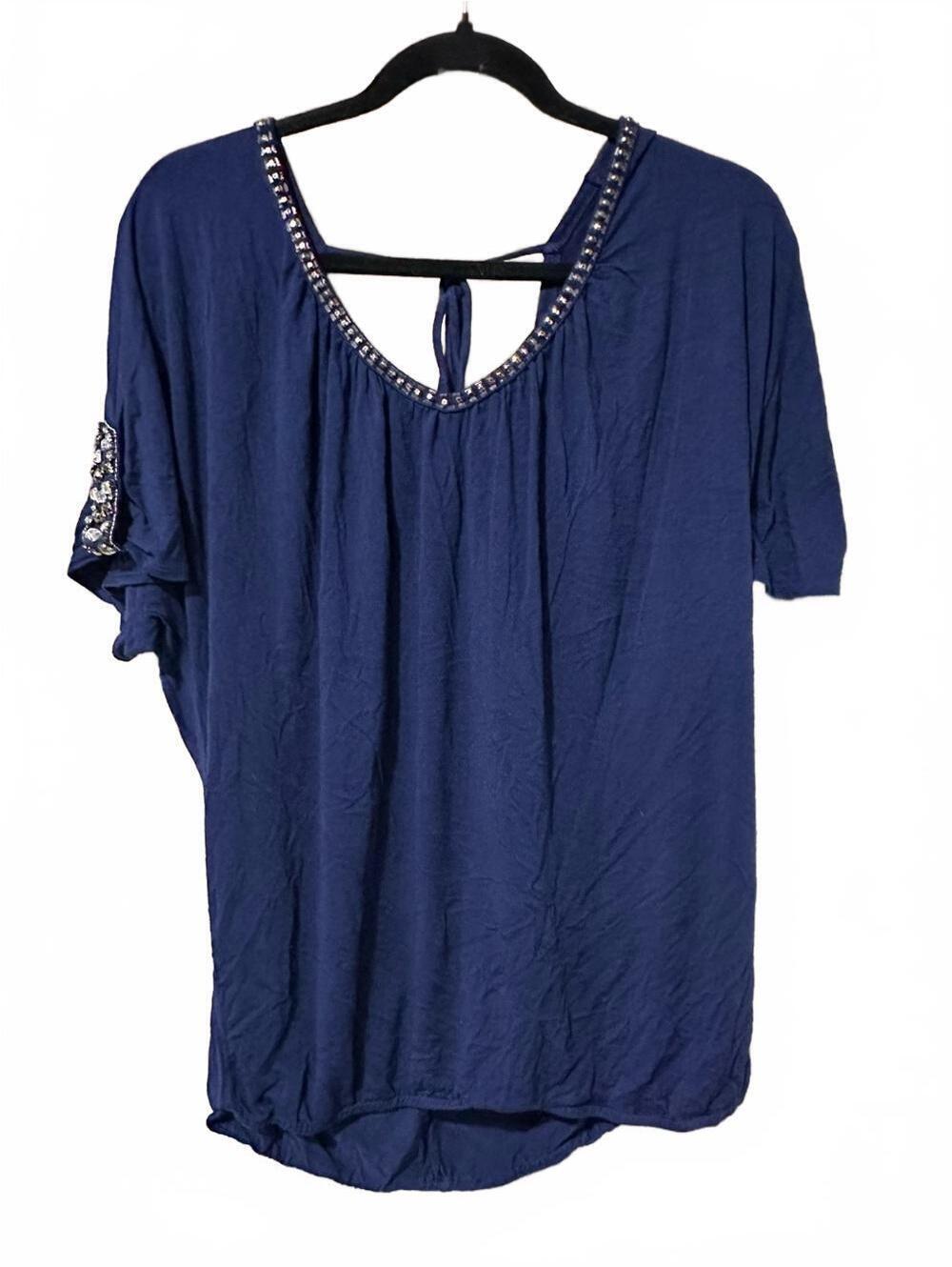 Buckle Navy Blue Short Sleeve Scoop Neck Top with Beaded Neckline and open back